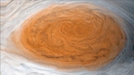 Gif von Jupiters großem roten Fleck, der gegen den Uhrzeigersinn wirbelt.