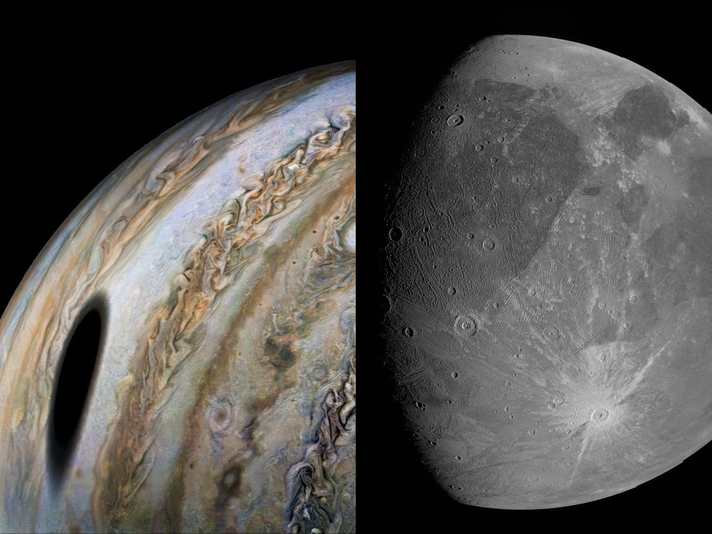 Schatten von Ganymed auf der Oberfläche des Jupiter (links) und ein Schwarz-Weiß-Bild von Ganymed (rechts).