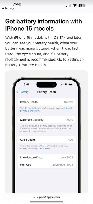 Mit iOS 17.4 nimmt Apple eine Änderung im Bereich „Battery Health“ der iPhone-Einstellungs-App der iPhone 15-Reihe vor – iPhone 15-Nutzer können nach dem Update auf iOS 17.4 den Zustand ihres Akkus auf einen Blick überprüfen
