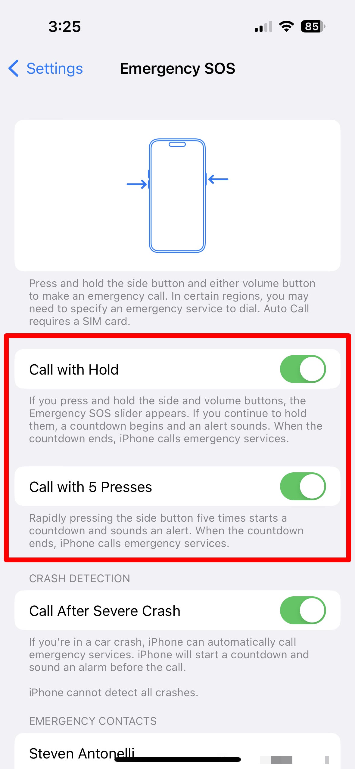 Das Einstellungsmenü „Notfall-SOS“ auf einem iPhone mit hervorgehobenen Optionen „Anrufen mit Halten“ und „Anrufen mit 5 Drücken“.