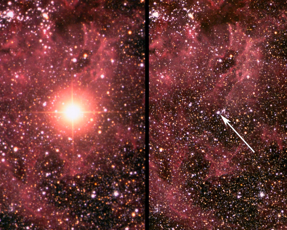 Supernova 1987-A (links) und der Stern vor seiner Explosion (rechts).