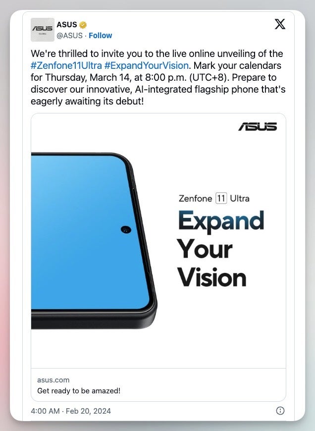 Asus kündigt am 14. März ein Live-Event zur Enthüllung des Zenfone 11 Ultra an