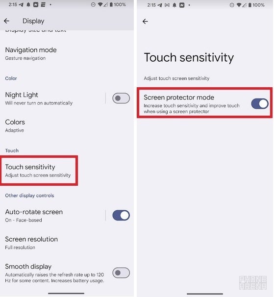 Die neue adaptive Touch-Funktion könnte über einen Schalter im neuen Untermenü „Touch-Empfindlichkeit“ verfügen – die kommende Pixel-Funktion passt die Empfindlichkeit des Bildschirms automatisch an das Wetter an