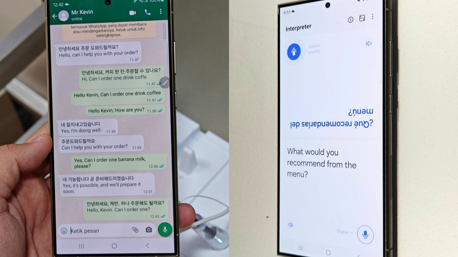 Das Galaxy S24 kann Ihre SMS-Konversationen automatisch in Echtzeit übersetzen (links), unabhängig davon, welche Messaging-App Sie verwenden.  - Die magischste KI-Funktion des Galaxy S24 überwindet Sprachbarrieren, die mein iPhone nicht überwinden kann