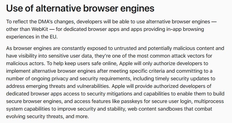 Auf der neuen Support-Seite von Apple wird erklärt, wie iOS die Verwendung alternativer Browser-Engines in der EU ermöglichen wird – das ist kein Fehler!  Apple ist aufgrund des DMA gezwungen, Homescreen-Web-Apps von iOS in der EU zu entfernen