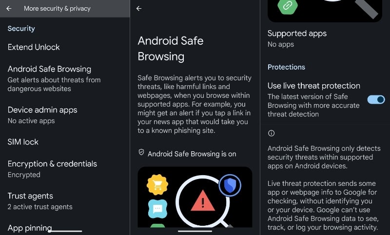 Google führt eine ein "Sicheres Surfen auf Android" Funktion für Apps auf Galaxy- und Pixel-Geräten