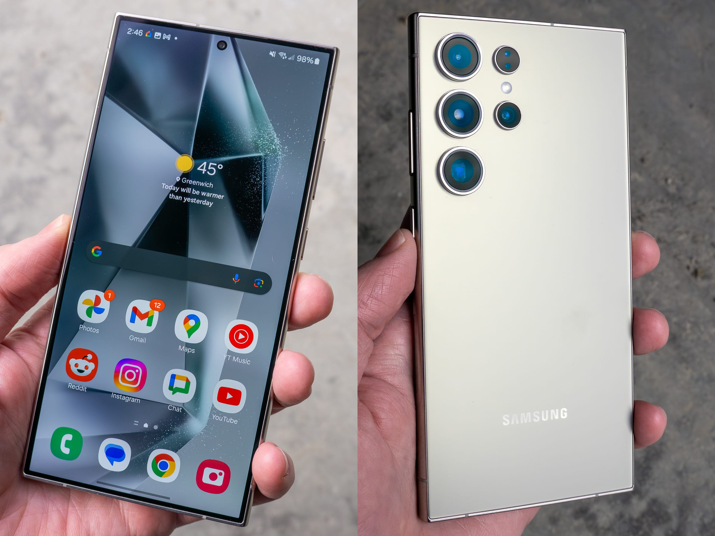 Zwei Fotos nebeneinander, die die Vorder- und Rückseite des Samsung Galaxy S24 Ultra zeigen.
