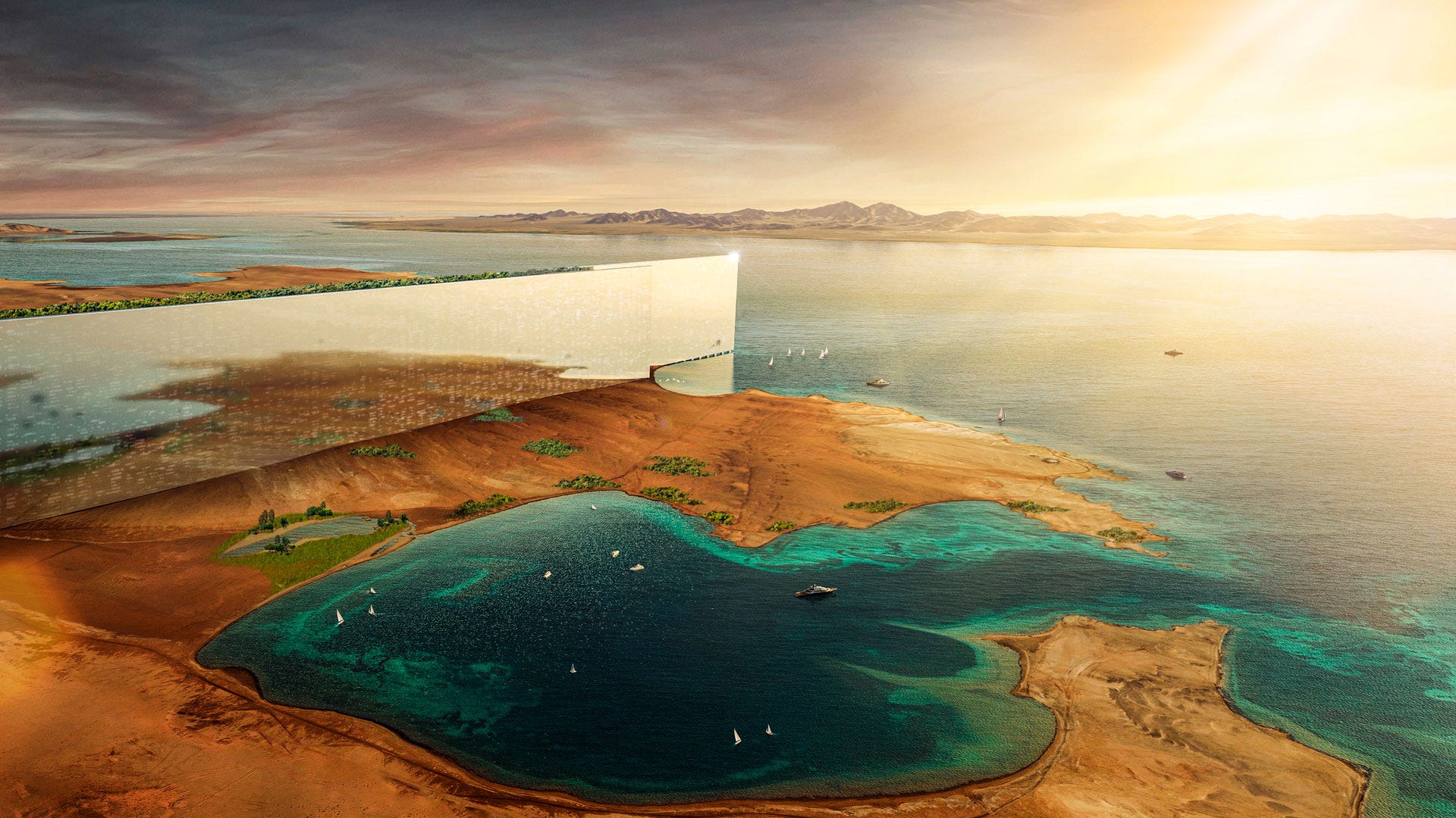 Ein konzeptionelles Bild des geplanten Entwurfs für The Line im saudi-arabischen Neom zeigt eine große Spiegelfassade, die sich von der Wüste ins Wasser erstreckt.