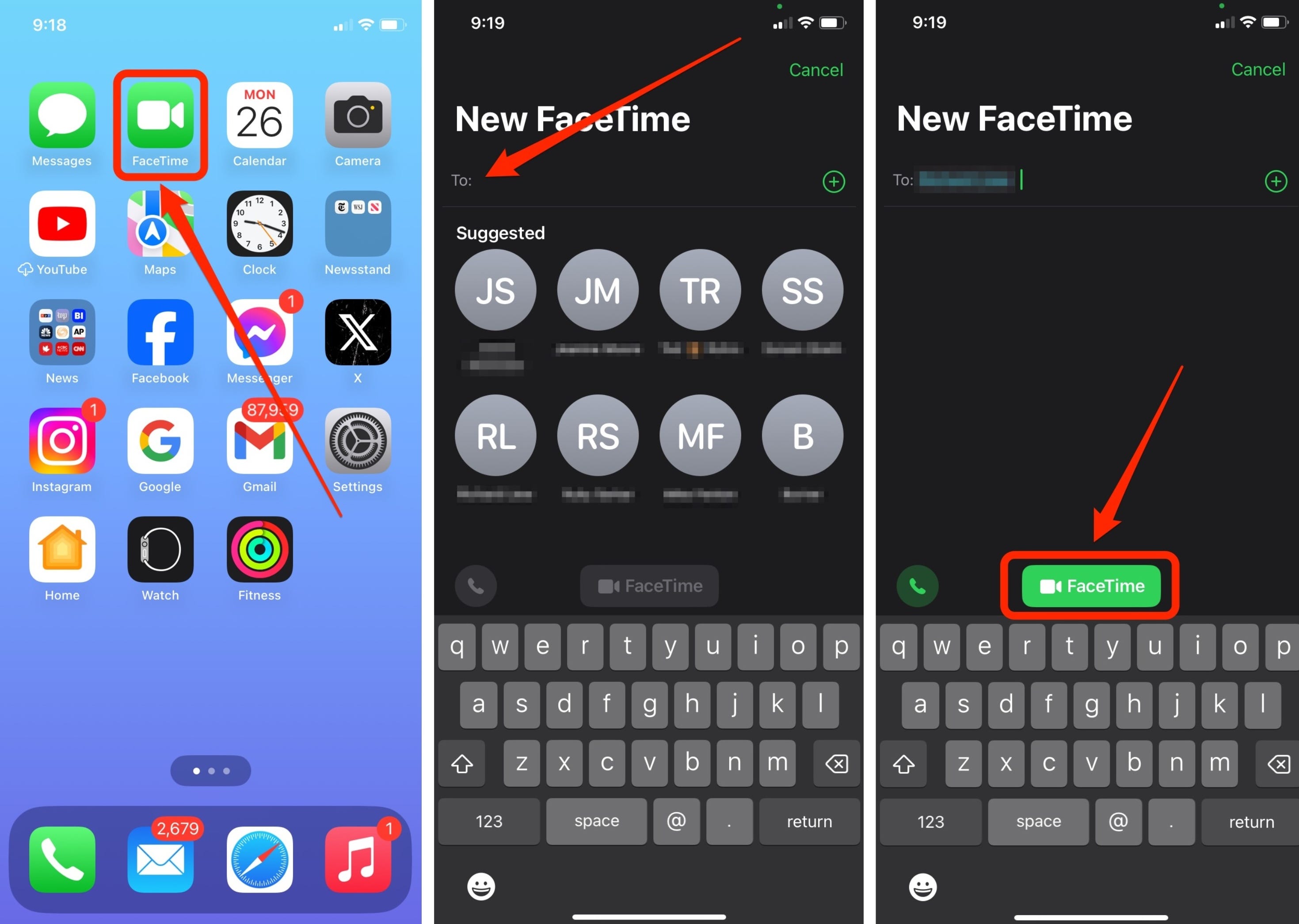 Eine Reihe von Screenshots zeigt drei Schritte zum Starten eines neuen FaceTime-Anrufs von einem iPhone: Starten der FaceTime-App, Auswählen eines Kontakts und Tippen auf die Schaltfläche „FaceTime“, um einen Anruf zu starten.