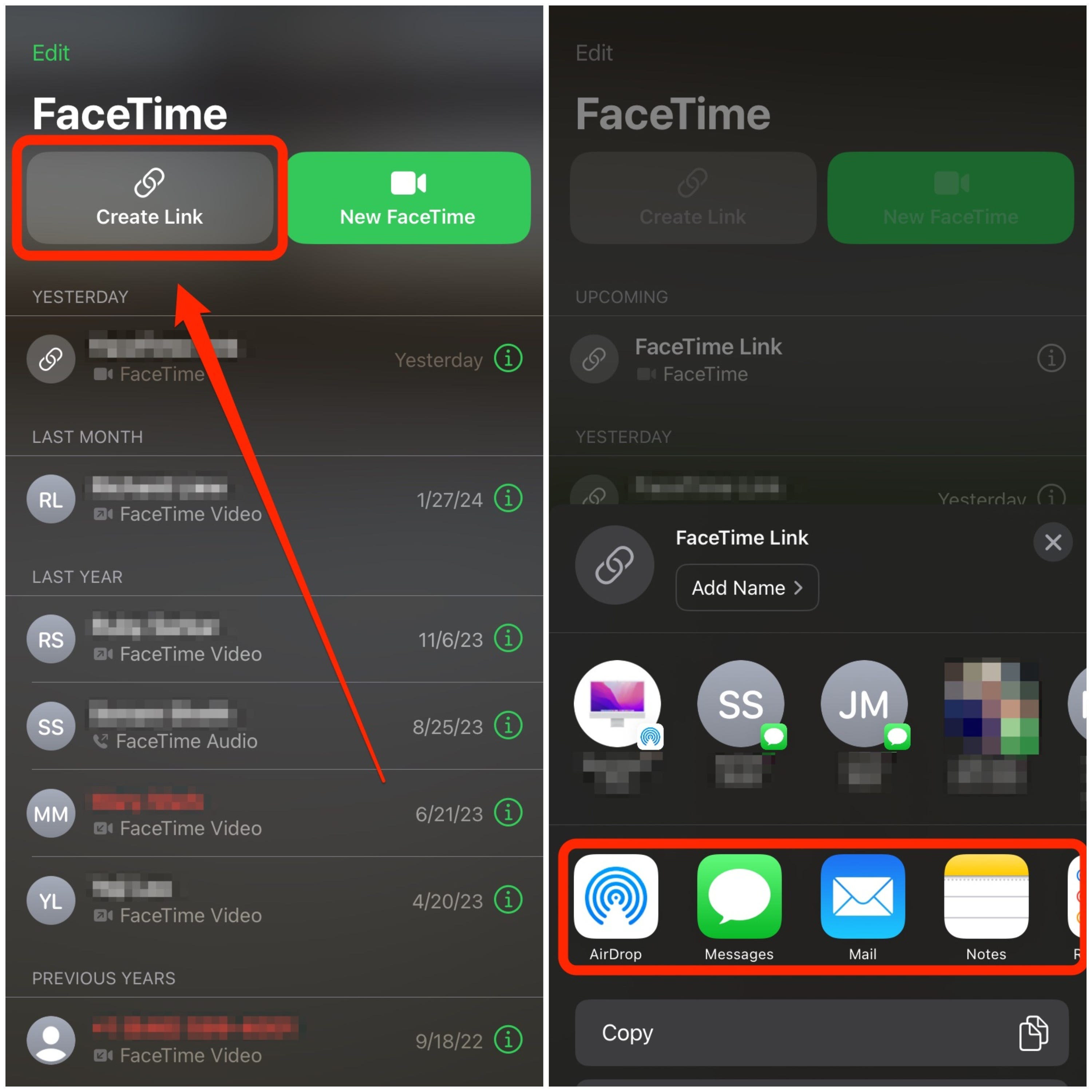 Zwei nebeneinander liegende Screenshots zeigen, wie man einen Link für einen FaceTime-Anruf erstellt: Tippen Sie auf die Schaltfläche „Link erstellen“ und wählen Sie eine App aus, um den Link an einen Kontakt zu senden.
