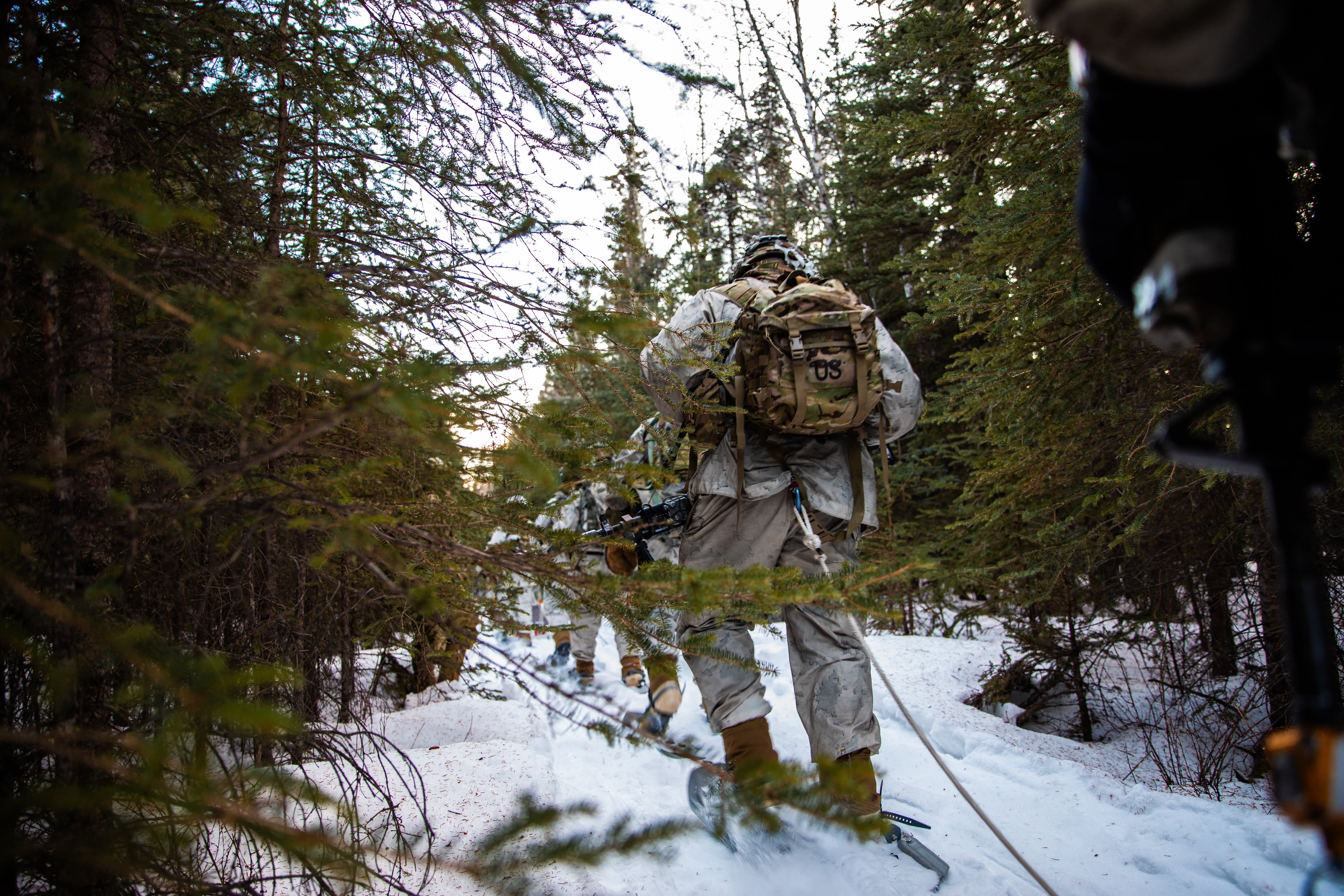 US-Soldaten, die dem 1. Bataillon, dem 5. Infanterieregiment, dem 1. Infanteriebrigade-Kampfteam und der 11. Luftlandedivision zugeteilt sind, tragen Ausrüstung durch einen Wald während des Joint Pacific Multinational Readiness Center 24-02 im Donnelly Training Area, Alaska, 17. Februar 2024.