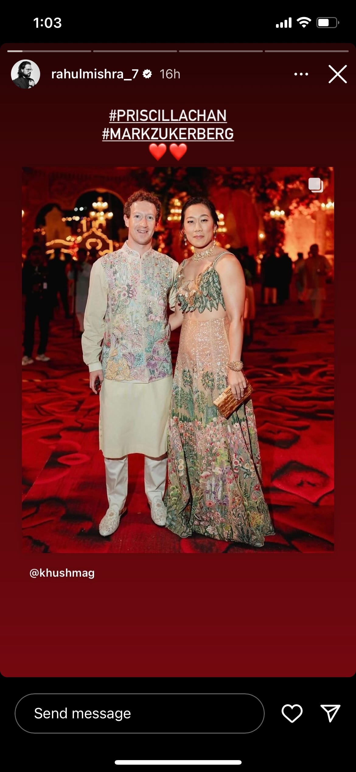 Screenshot von Mark Zuckerberg und Priscilla Chan in Rahul Mishras Instagram-Story.