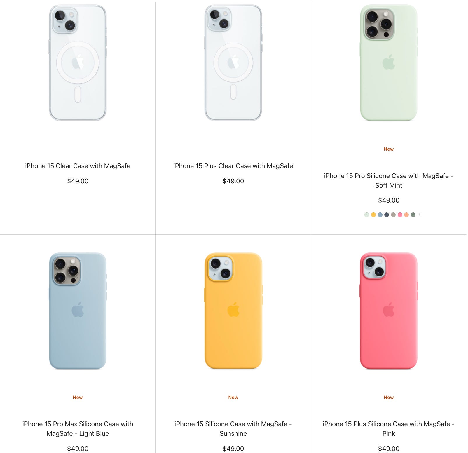 Neue Silikonhüllen für das iPhone 15 in den Farben Mint, Hellblau, Sonnenschein und Rosa
