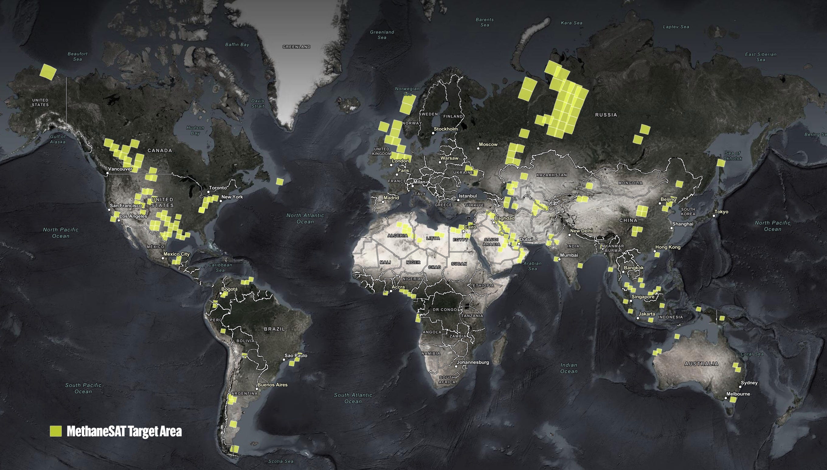 Weltkarte mit gelb hervorgehobener Öl- und Gasinfrastruktur