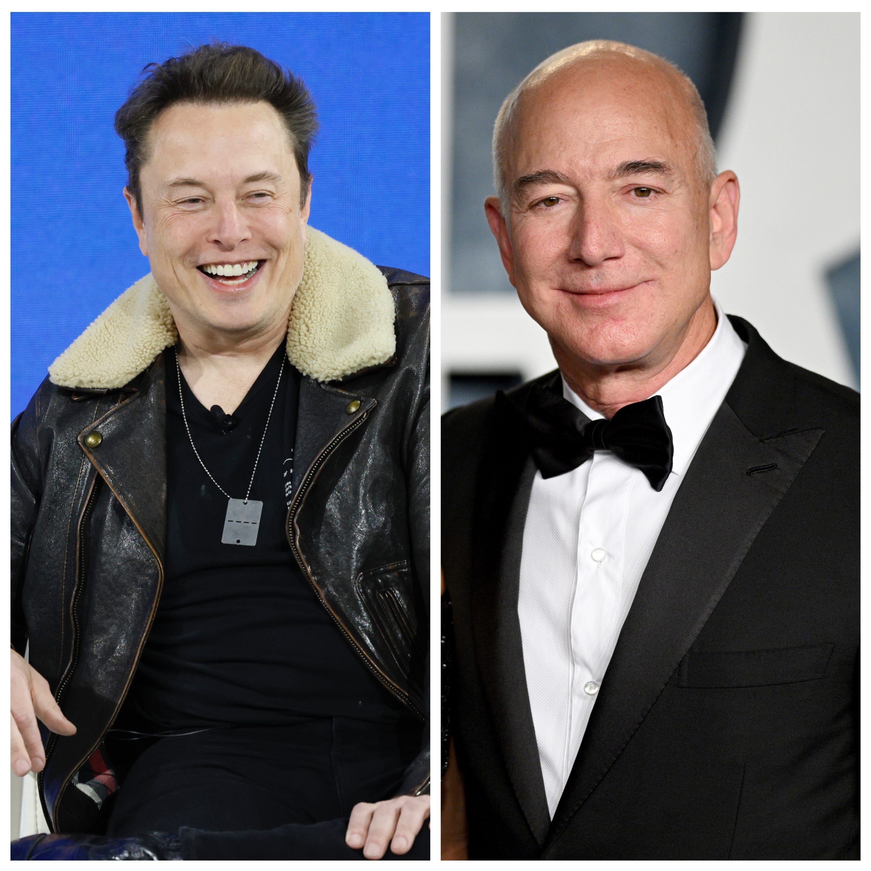 Fotocollage von Elon Musk (links) und Jeff Bezos (rechts)
