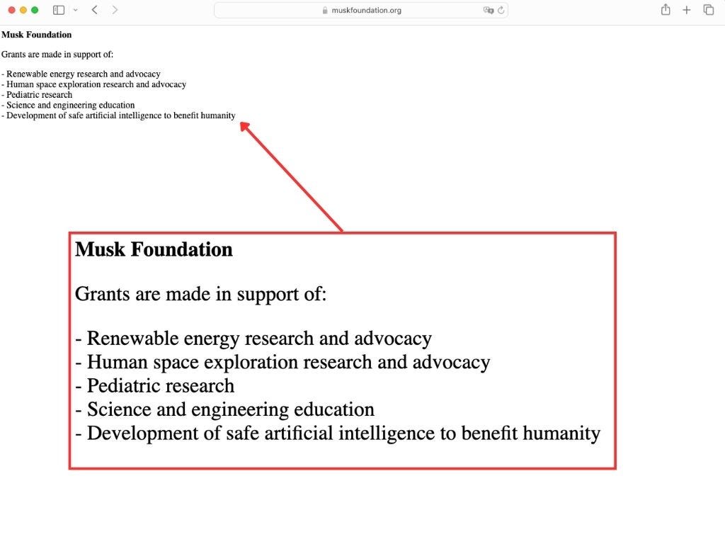 Screenshot der Website der Musk Foundation.