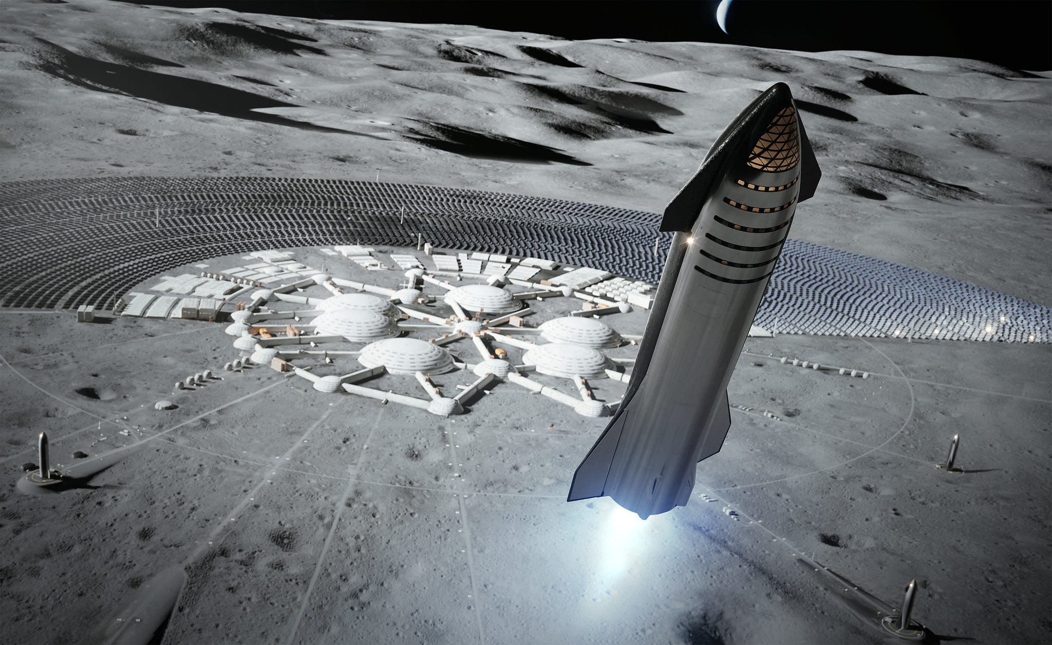 Die Darstellung eines Künstlers zeigt ein Raumschiff, das in der Nähe einer Mondkolonie landet.