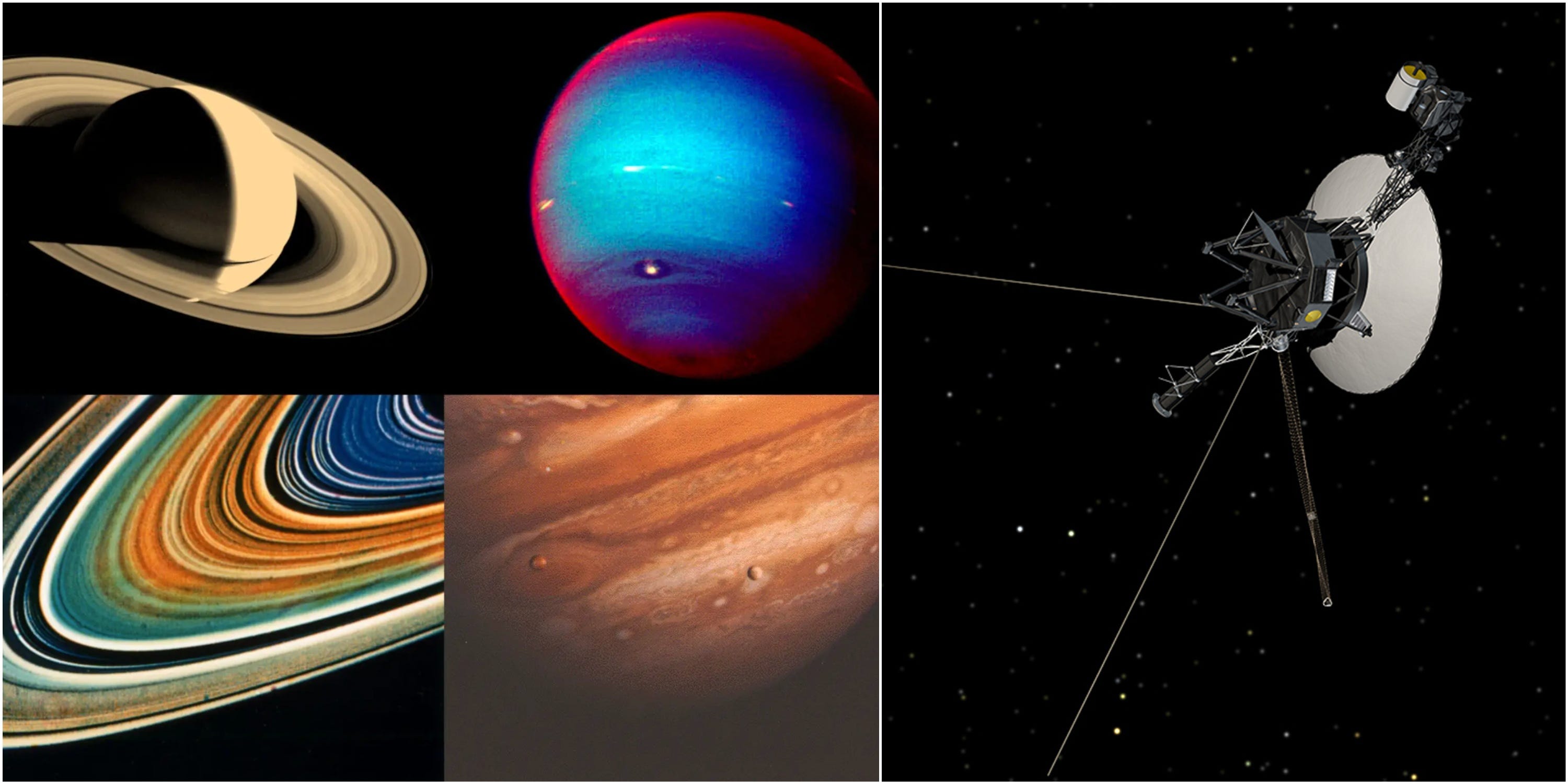 Eine Fotomontage zeigt von den Voyager-Sonden aufgenommene Bilder neben einer Illustration, wie die Voyager-Sonden aussehen.