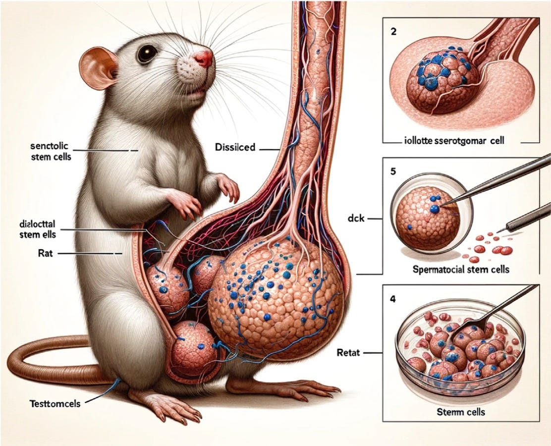 Abbildung einer auf den Hinterbeinen sitzenden Ratte mit ausgeschnittenem Magen und einem riesigen, venenartigen, knolligen, penisähnlichen Fortsatz, der sich vom Magen nach oben über den Rahmen der Abbildung hinaus erstreckt, mit drei ausbrechenden Abbildungen von „Zellen“ auf der rechten Seite