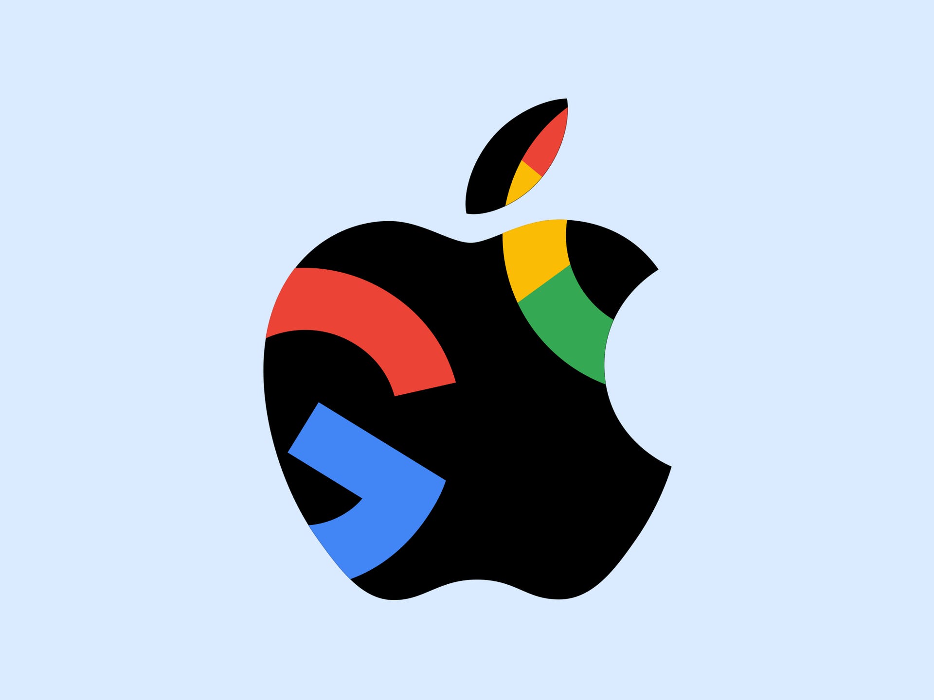 Ein Apple-Logo mit zwei Google-Logos darin.