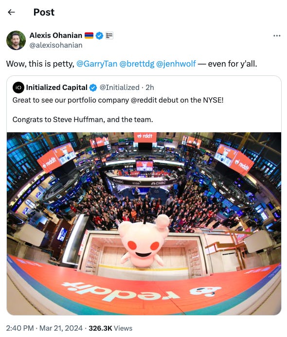 Screenshot eines Twitter-Beitrags von Alexis Ohanian, in dem er Initialized Capital dafür kritisiert, dass er ihm nicht namentlich zum Börsengang von Reddit gratuliert.