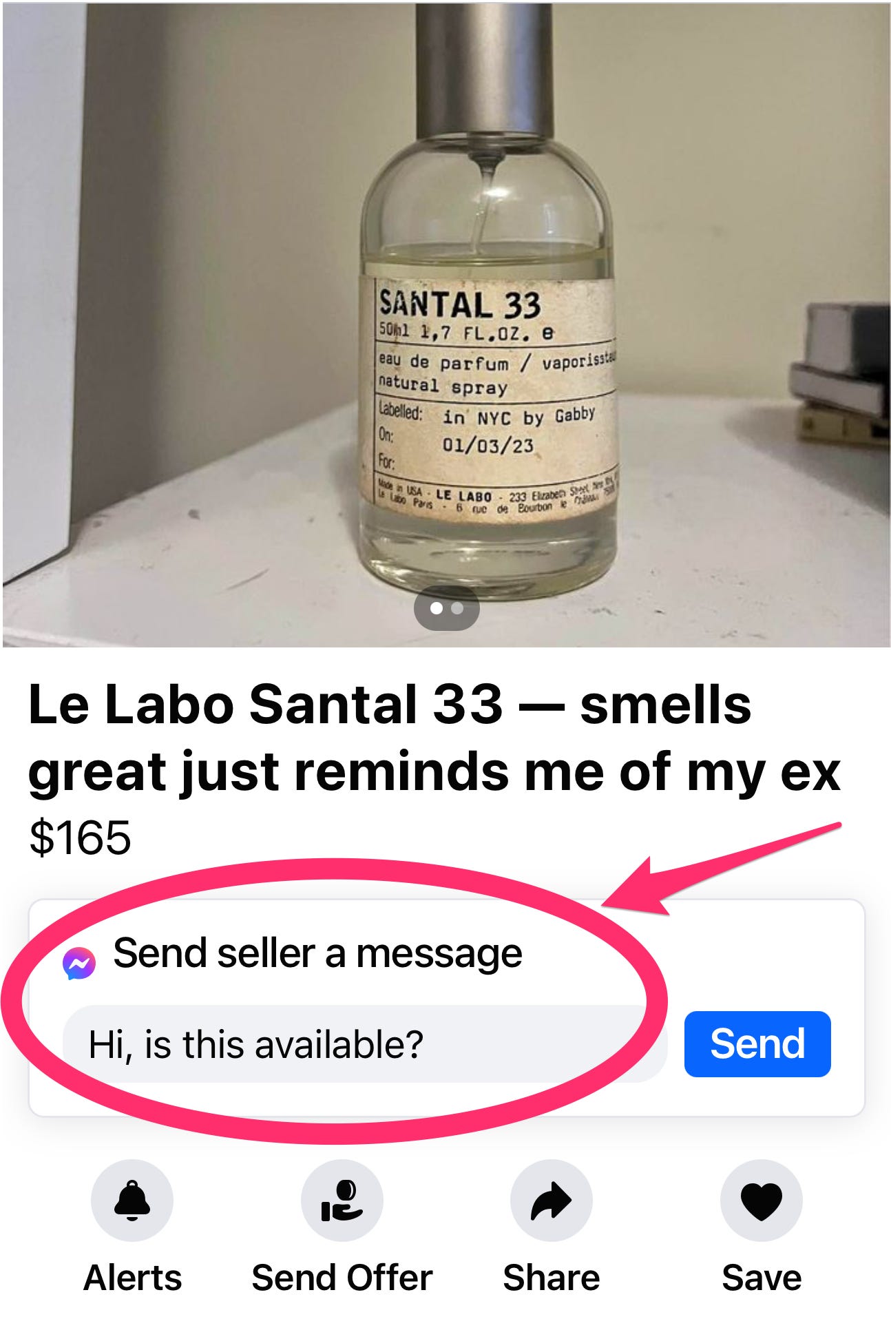 Eine Flasche Parfüm, die auf dem Facebook-Marktplatz verkauft wird