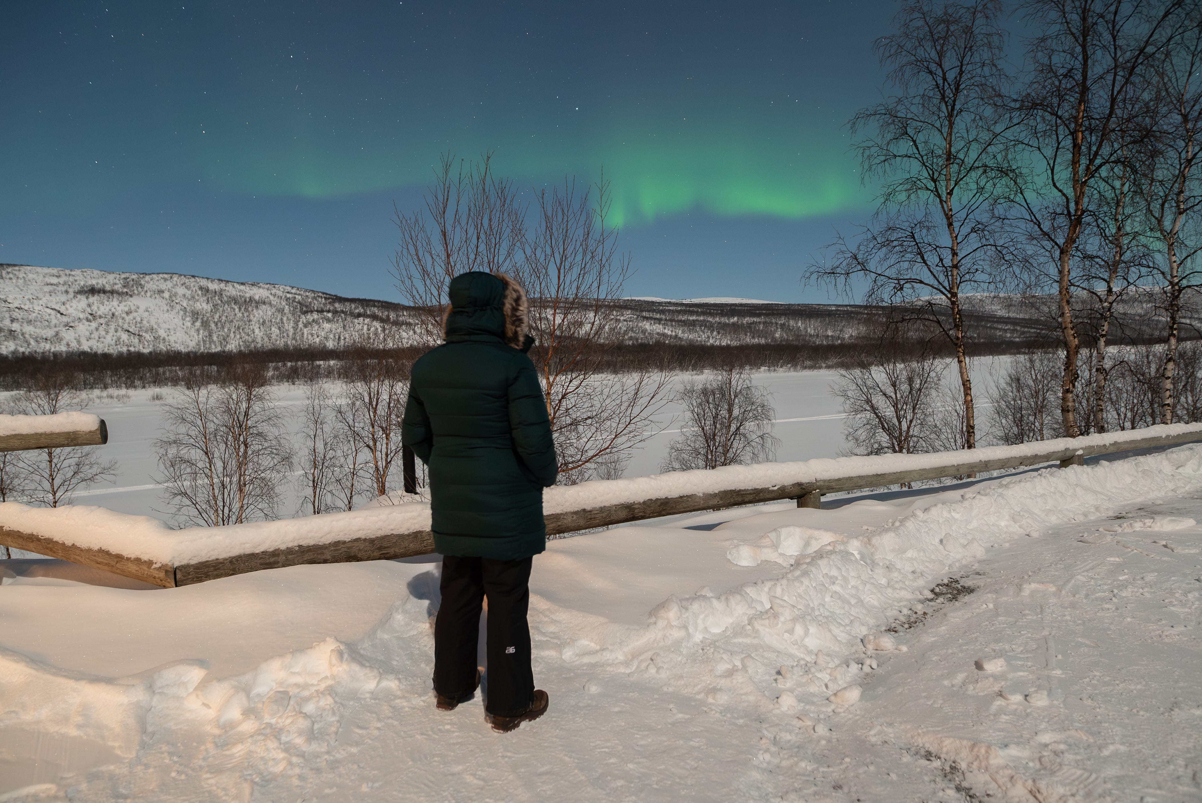 Der Autor steht auf Schnee und blickt auf grüne Nordlichter über den Bergen.