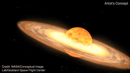 Eine Animation zeigt das Konzept eines Künstlers einer Sternexplosion in der Nähe eines Roten Riesen.