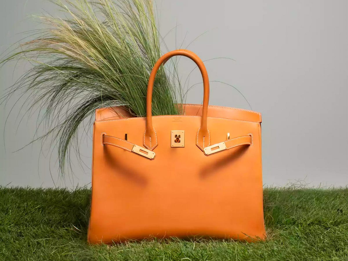 Orangefarbene Hermès-Birkin-Tasche auf Gras, wobei Gras aus der Tasche herausragt
