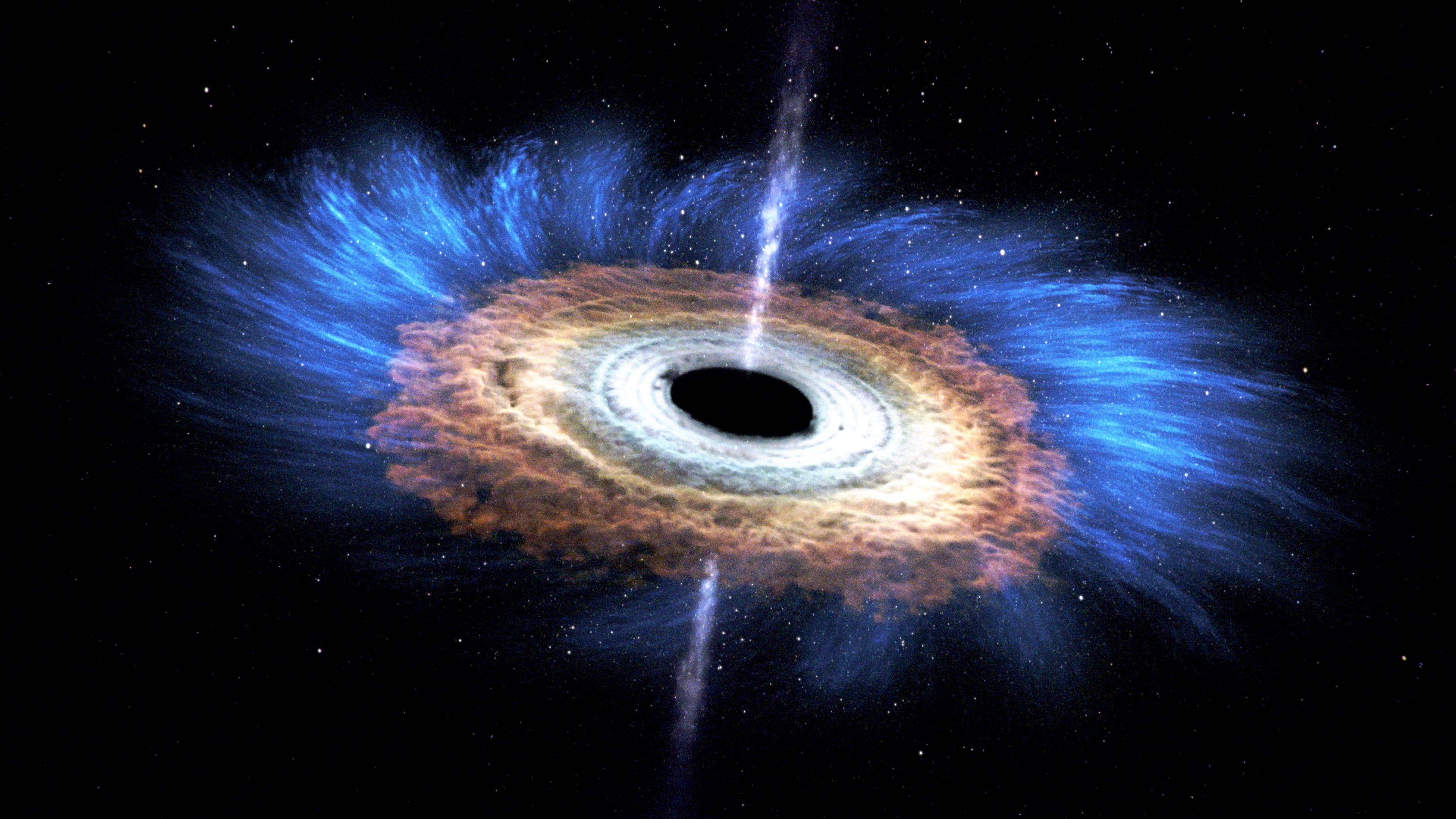 Die künstlerische Darstellung zeigt einen Materiestrahl, der aus einem Schwarzen Loch austritt.