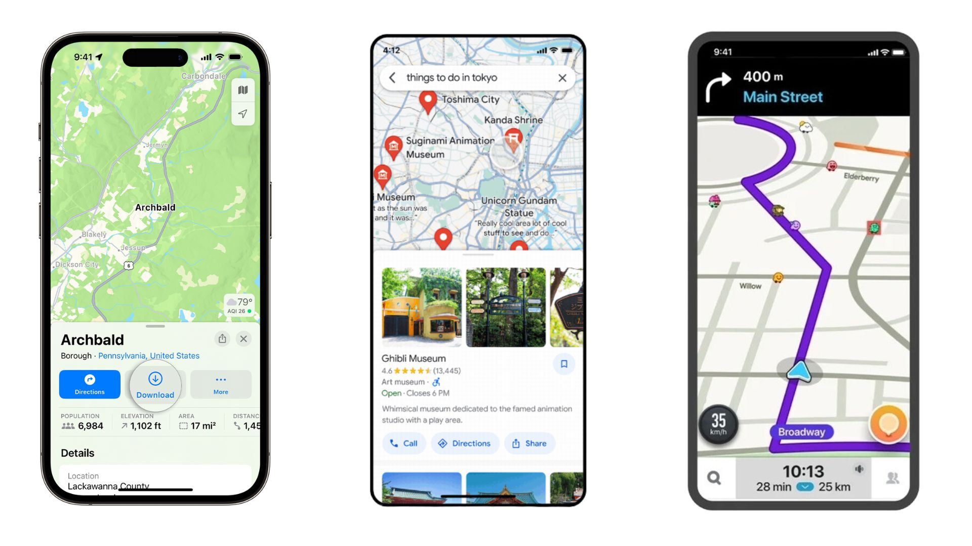Links Apple Maps, in der Mitte Google Maps, rechts Waze – Google Maps, Apple Maps oder Waze: Welche Navigations-App beherrscht wirklich die Straße?