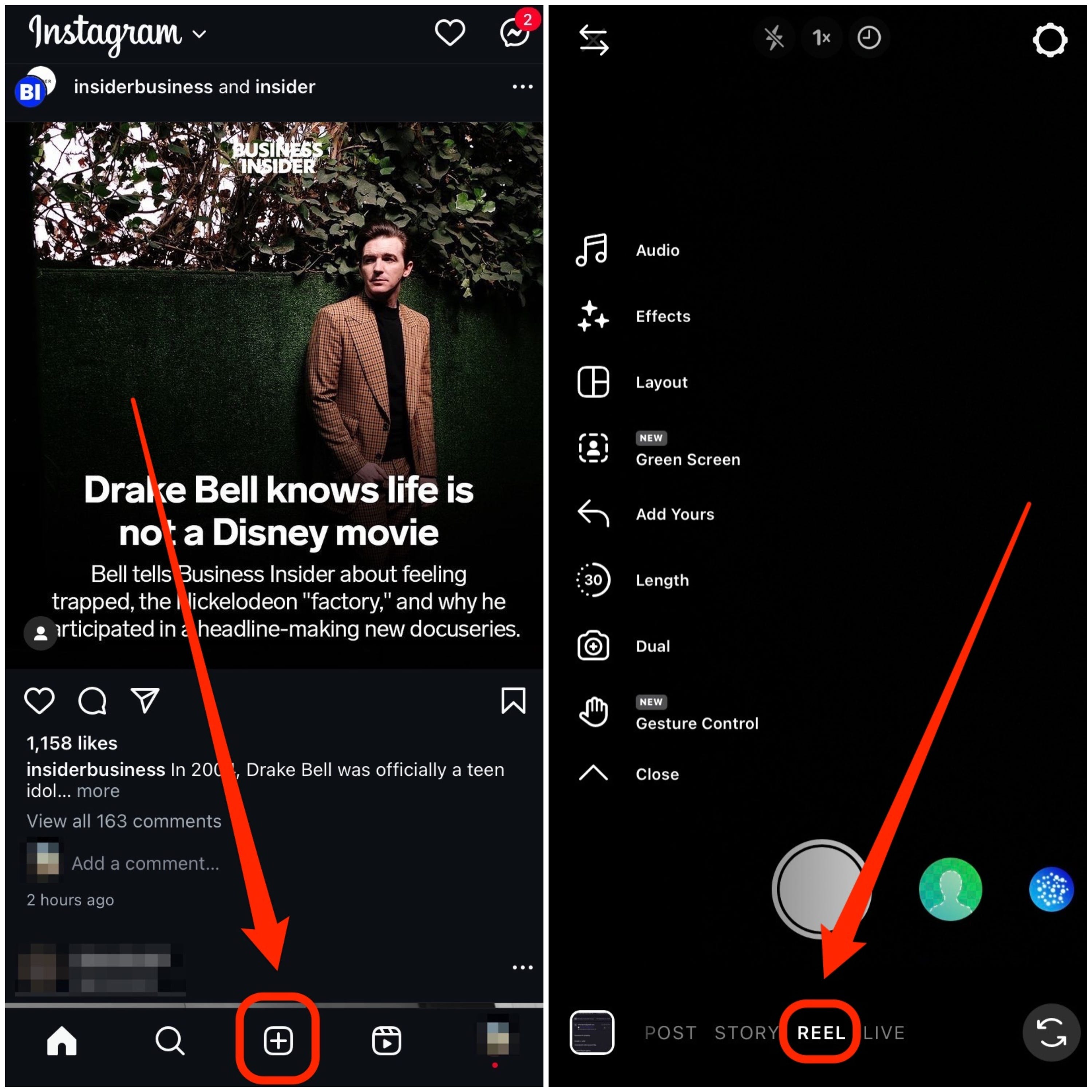 Zwei Screenshots der Instagram-App zeigen, wie man mithilfe der Schaltflächen in der unteren Menüleiste der App ein Reel erstellt.