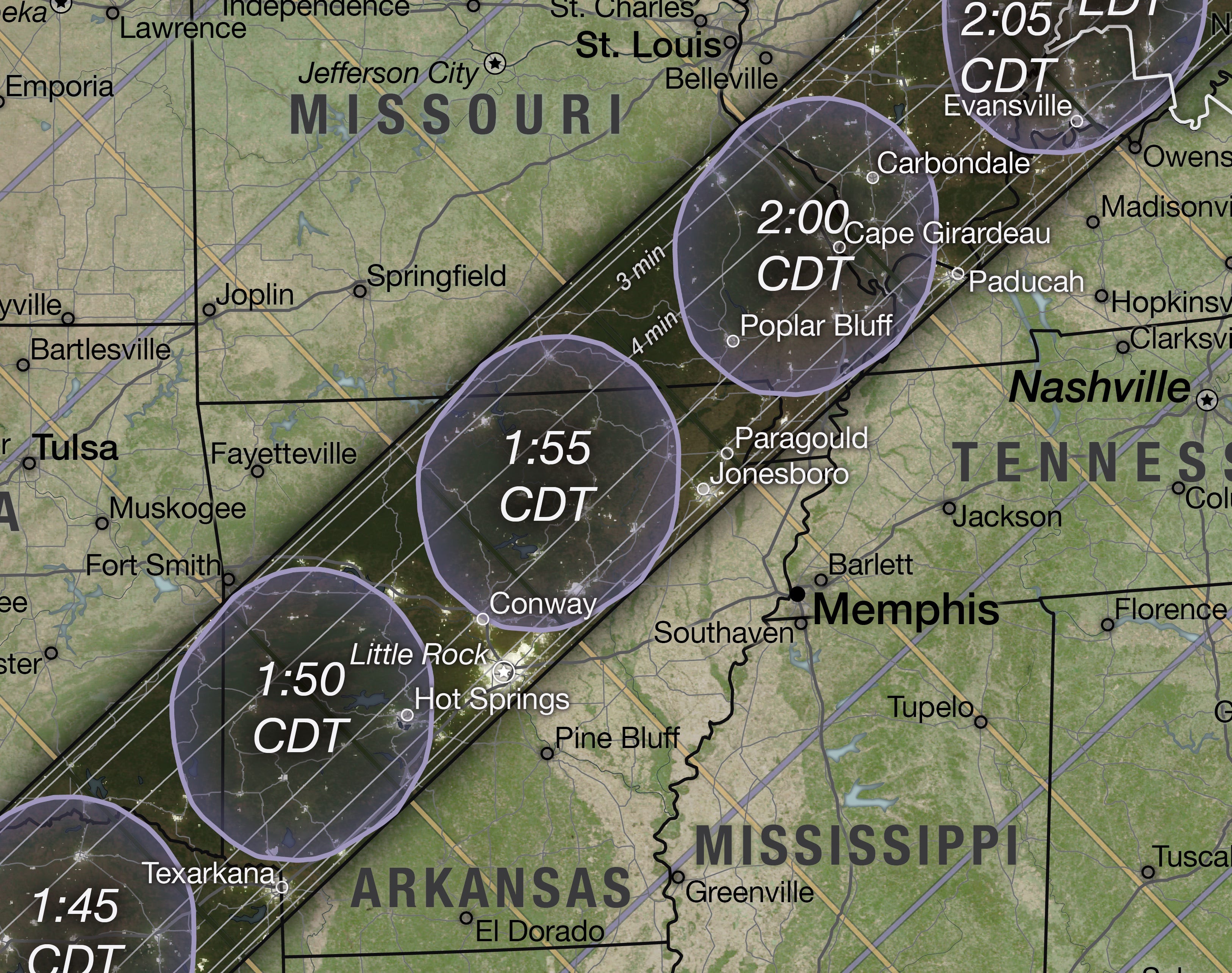 Vergrößerte Aufnahme einer NASA-Karte, die den Weg der Sonnenfinsternis über Arkansas, Missouri, zeigt