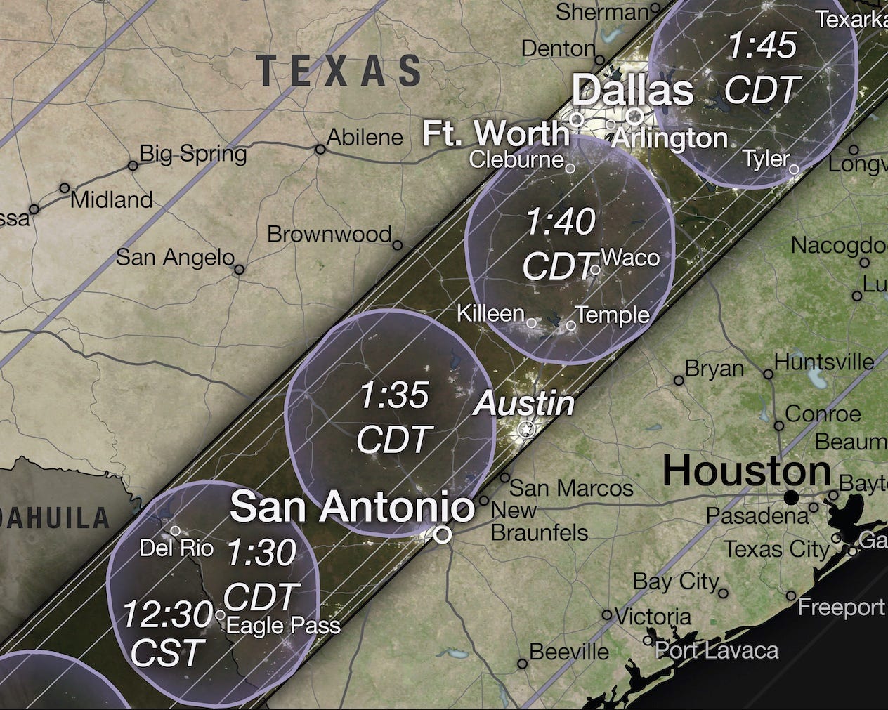 Die vergrößerte Aufnahme der NASA-Karte zeigt den Schatten der Sonnenfinsternis, der im April 2024 durch Austin, Fort Worth und Dallas, Texas verläuft