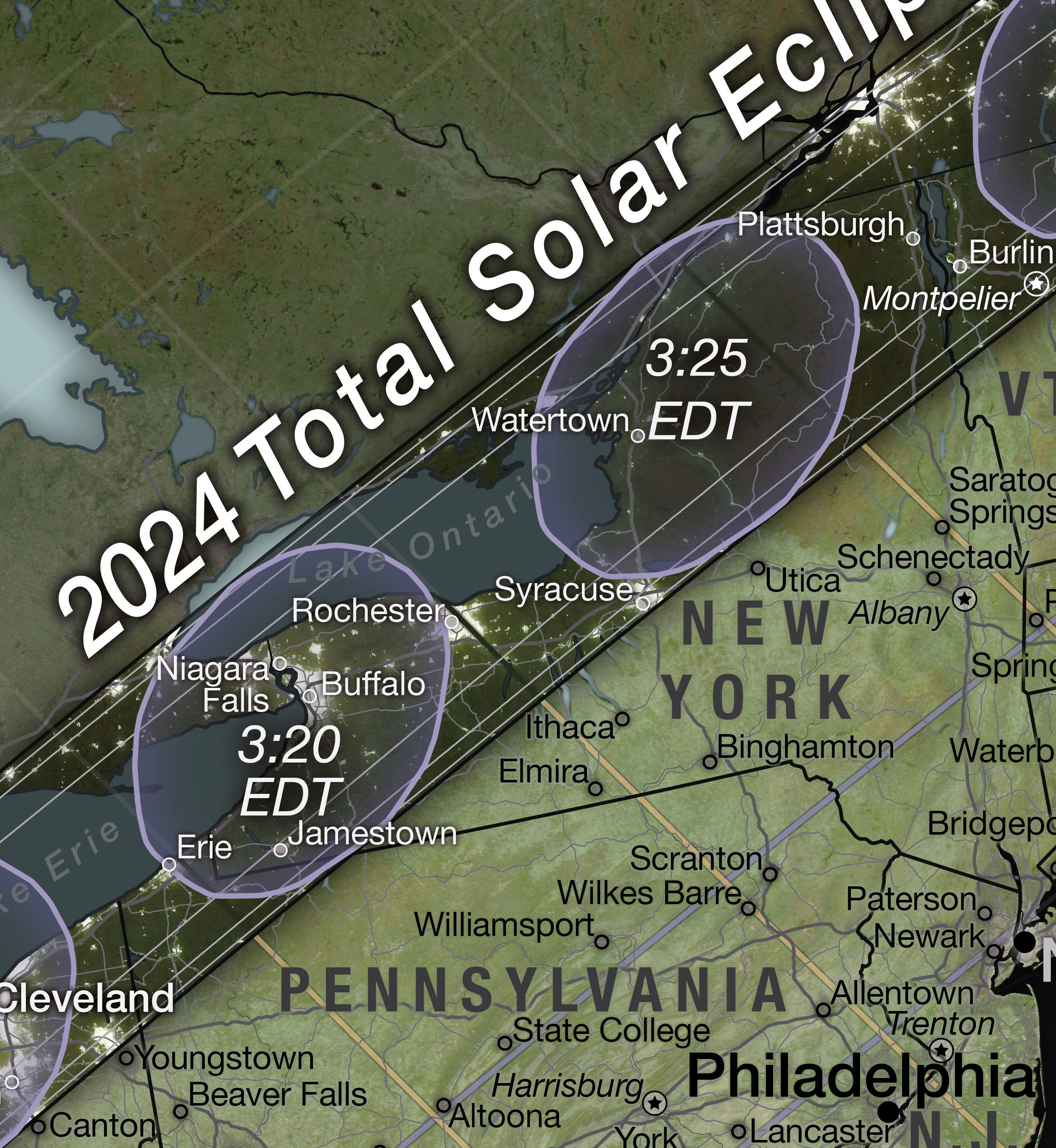 Vergrößerte Aufnahme einer NASA-Karte, die den Weg der Sonnenfinsternis über New York zeigt