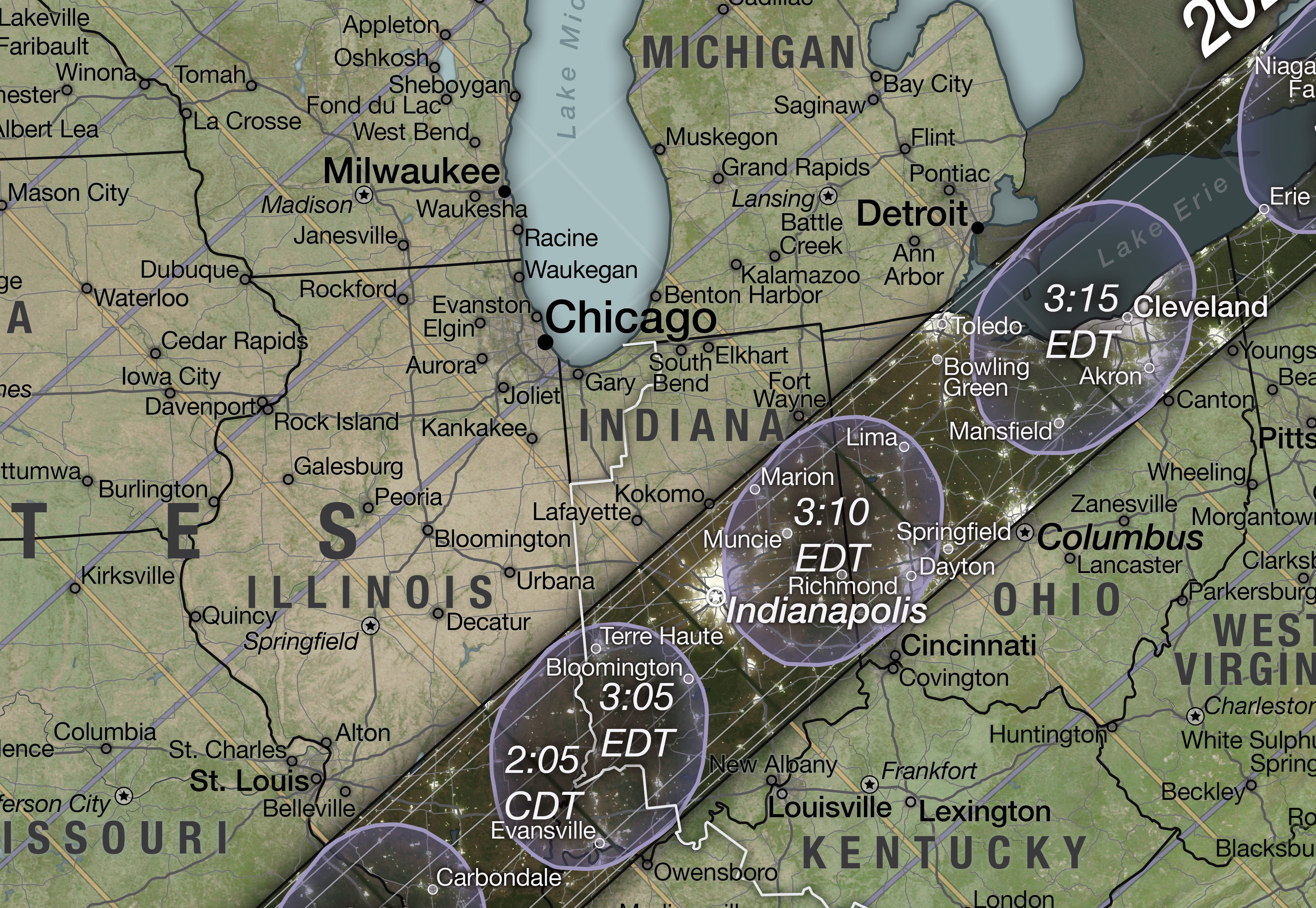 Vergrößerte Aufnahme einer NASA-Karte, die den Weg der Sonnenfinsternis über Illinois, Indiana, Ohio zeigt