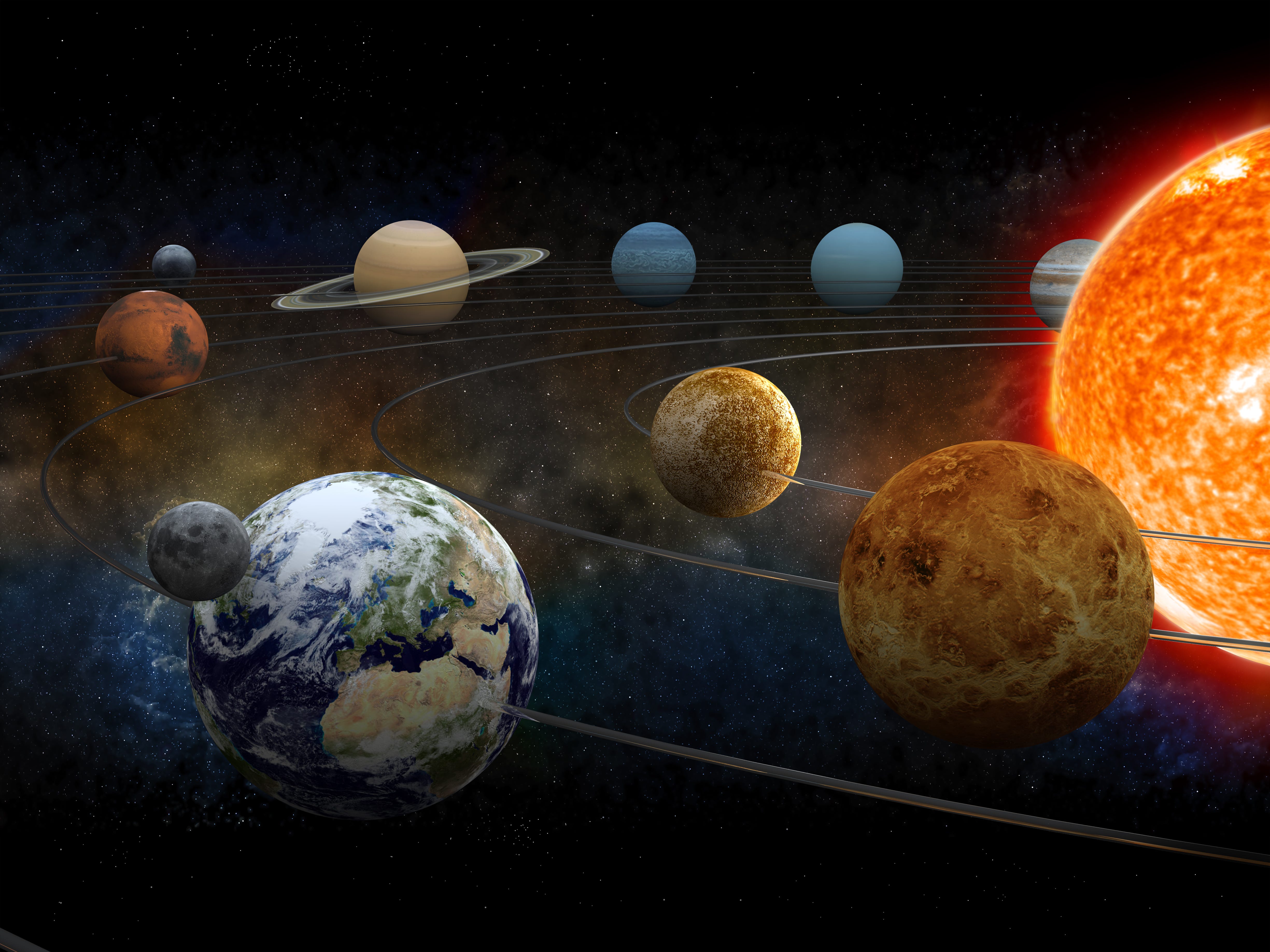 Eine künstlerische Darstellung zeigt das Sonnensystem von der Erde aus gesehen