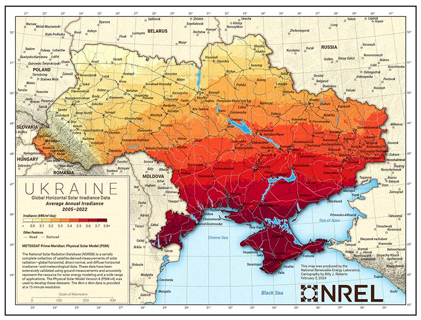 Eine Karte der Sonneneinstrahlung in der Ukraine.