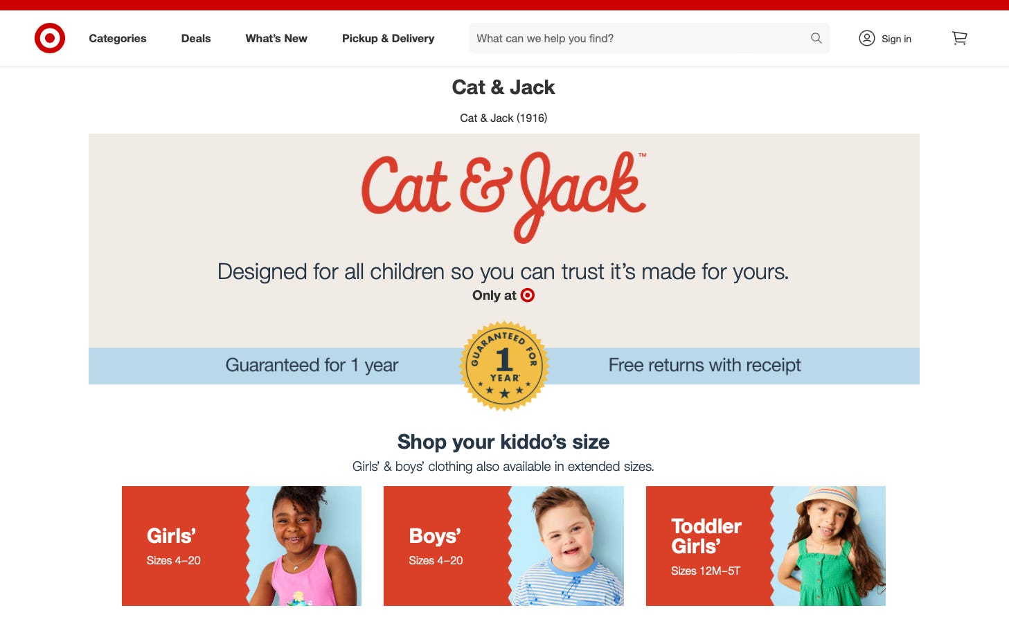 Ein Screenshot der Cat & Jack-Seite auf Target.com