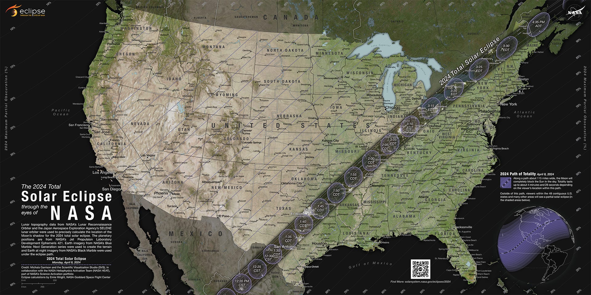 USA-Karte mit Band, das den Weg der totalen Sonnenfinsternis von Texas nach Maine zeigt