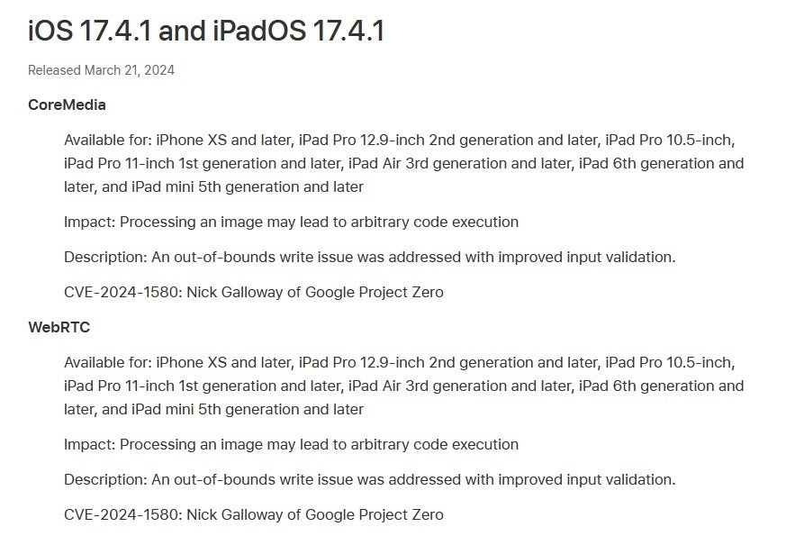 Apple aktualisiert seine Support-Seite zu Sicherheitsversionen, um die durch iOS 17.4.1 und iPadOS 17.4.1 behobenen Fehler aufzudecken – Apple enthüllt endlich die schwerwiegenden Sicherheitsprobleme, die es in iOS 17.4.1 gepatcht hat