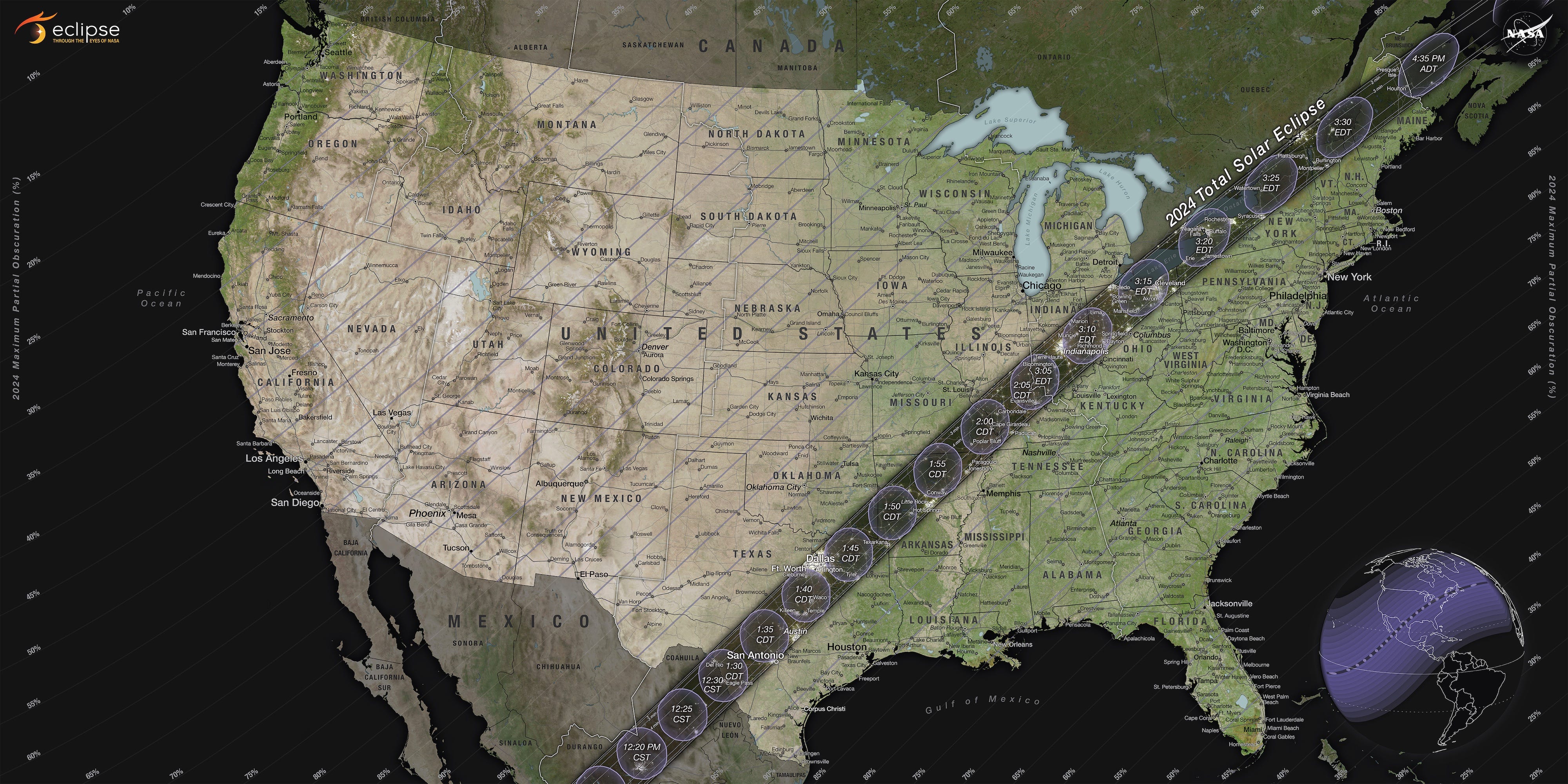 Karte des totalen Sonnenfinsternispfades der Gesamtheit, der die Vereinigten Staaten vom Südwesten von Texas bis zum Nordosten von Maine durchquert