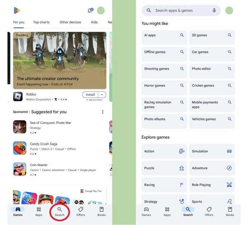 Neuer Such-Tab für den Google Play Store und die neue Suchseite – Bildnachweis 9to5Google – Für die Suche in der Google Play Store-App ist jetzt ein zusätzlicher Tipp erforderlich