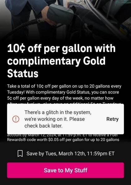 Glitch verhindert, dass T-Mobile-Kunden ihre 10 Cent pro Gallone Rabatt auf Benzin erhalten – Glitch verhindert, dass T-Mobile-Abonnenten eine ihrer T-Mobile-Dienstagsprämien erhalten