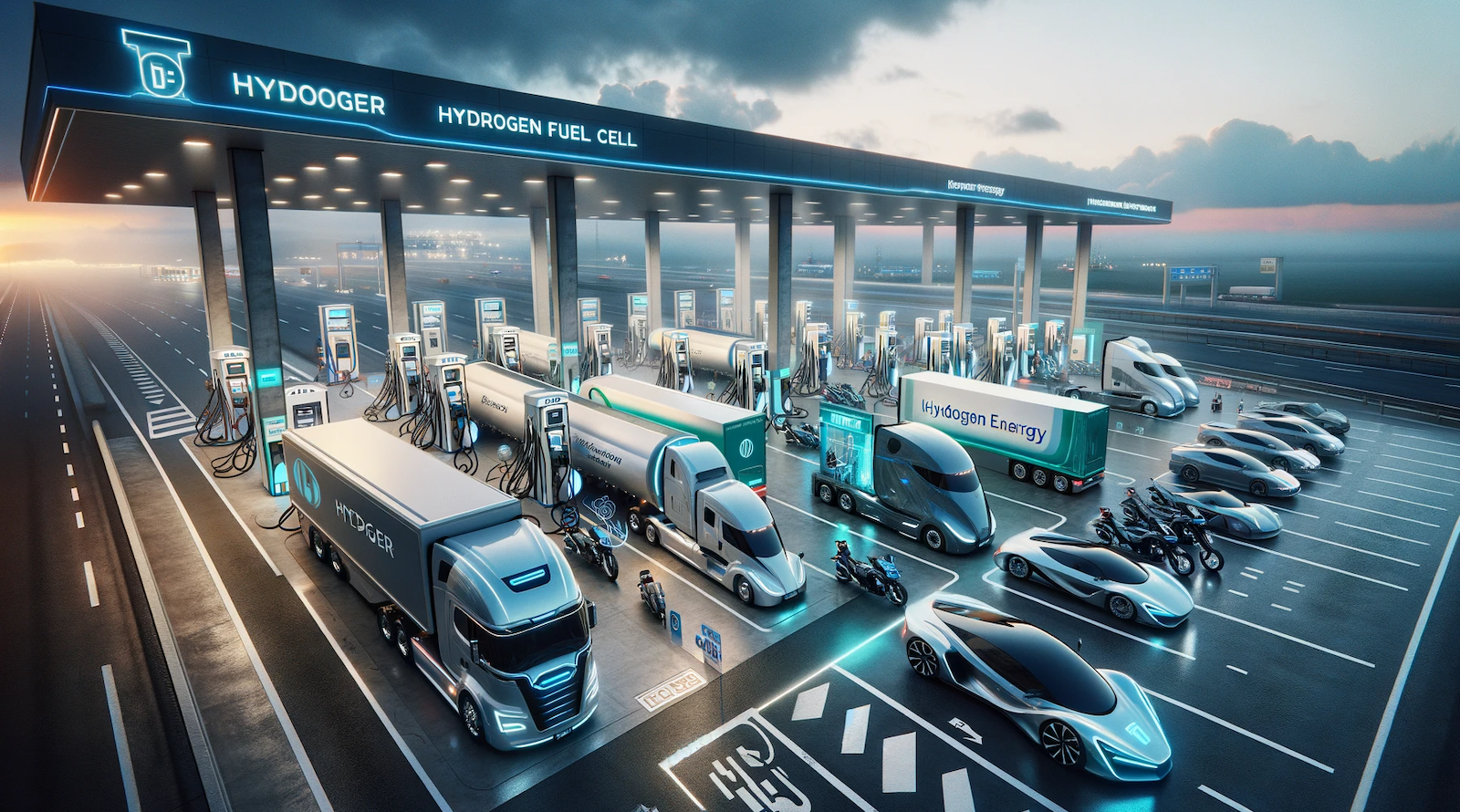 ChatGPT und DALL-E erstellten ein Panoramabild einer großen Autobahnraststätte, die ausschließlich Wasserstoff-Brennstoffzellenfahrzeuge bedient, darunter Lastkraftwagen, Autos und Motorräder.