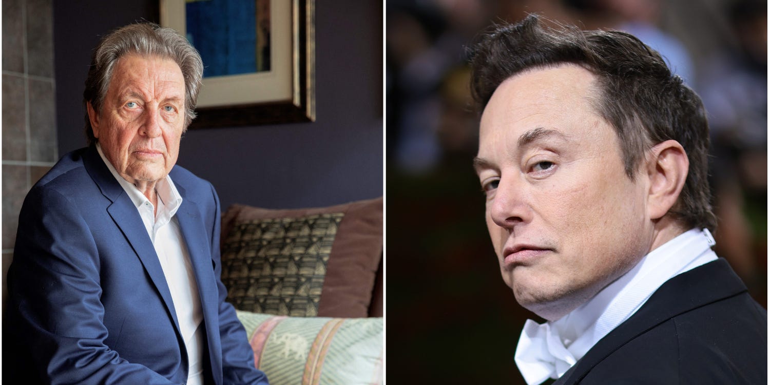 Geteilter Bildschirm: Links Errol Musk in blauer Jacke und weißem Hemd mit Kragen.  Rechts das Gesicht von Elon Musk.
