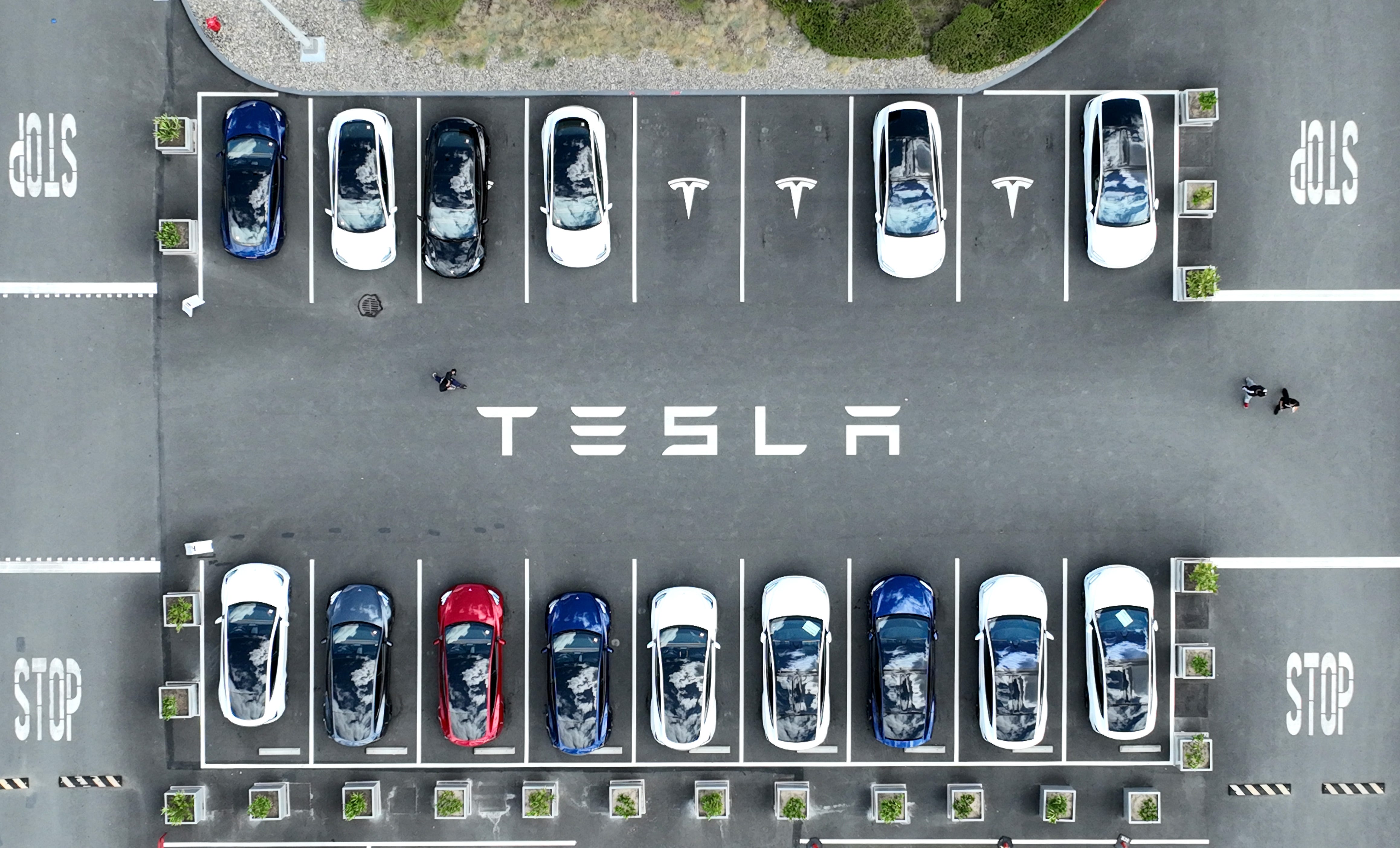 Eine Gruppe von Tesla-Autos steht auf einem Parkplatz in der Nähe der Fabrik des Unternehmens in Kalifornien.