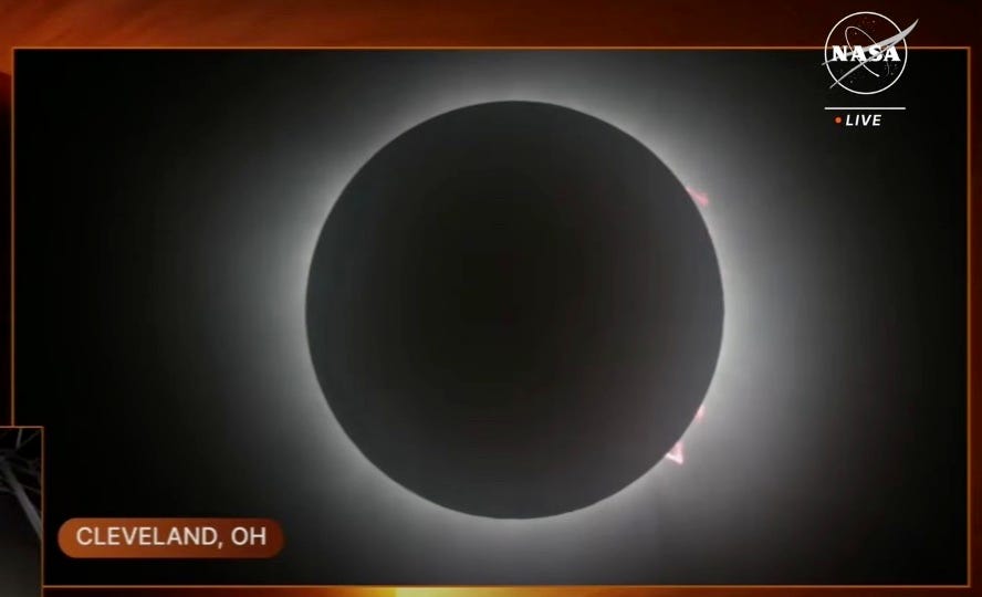 Ein Live-Screenshot der NASA zeigt die dunkle Scheibe des Mondes bei einer totalen Sonnenfinsternis mit einigen rosafarbenen Vorsprüngen am Rand im Schein des Sonnenlichts