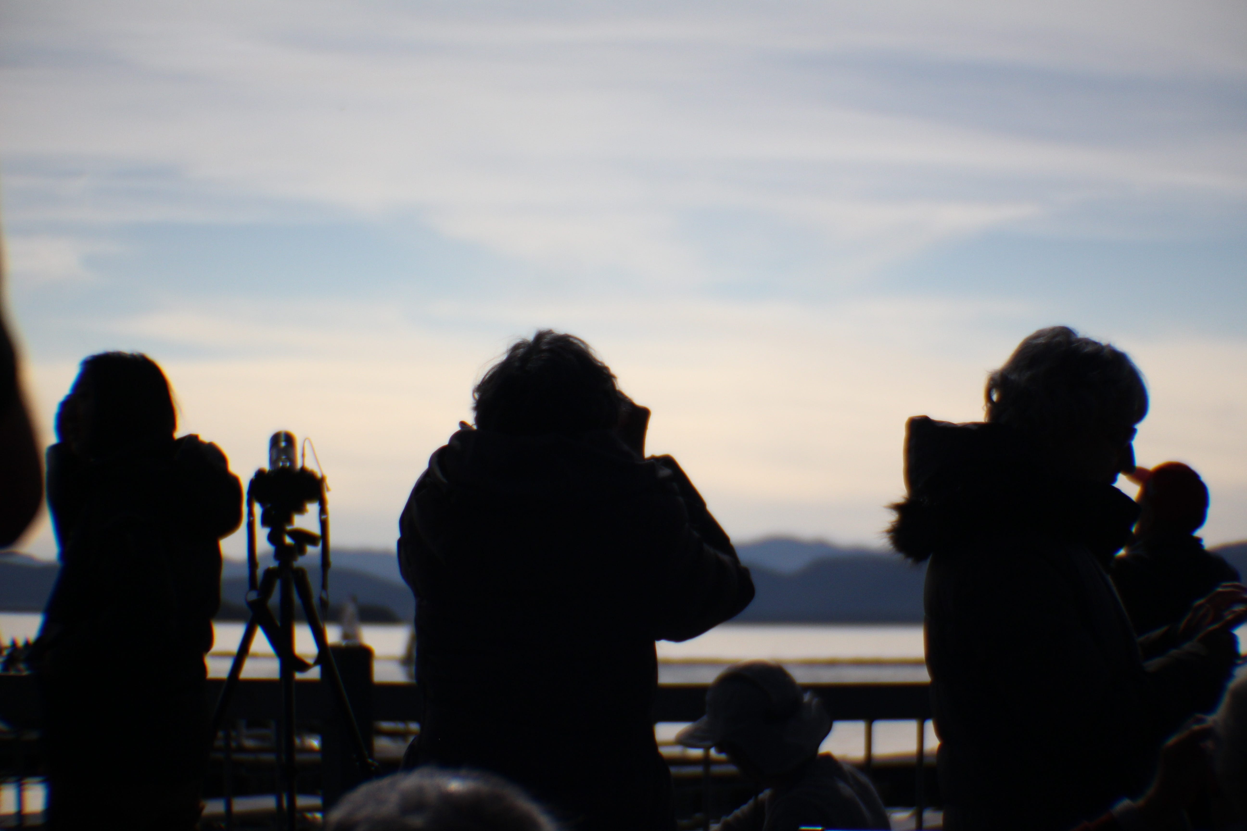 Silhouetten von Sonnenfinsternisbeobachtern stehen vor dem Lake Champlain