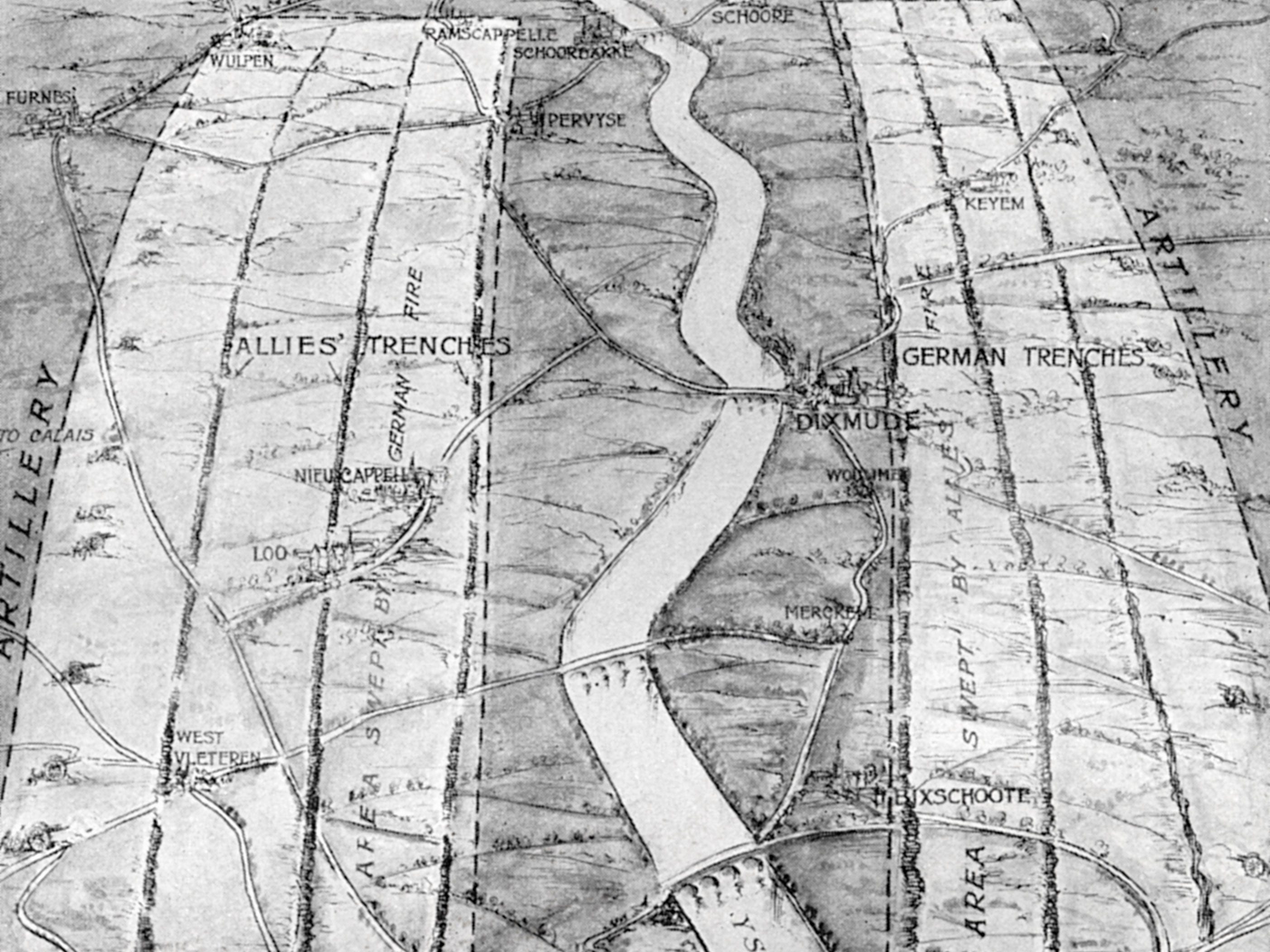 Karte, die den Stillstand zwischen den alliierten und deutschen Streitkräften entlang des Yser-Kanals zeigt,